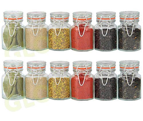 GLOW Set of 12 Glass Spice Jars – Stylish Pack of Mini Clip Top Sealed Lid Kitchen Storage Containers for Herbs Spices Seasoning Jams Preserves – Easy Clean 70ml Pots with Sticky Labels Included