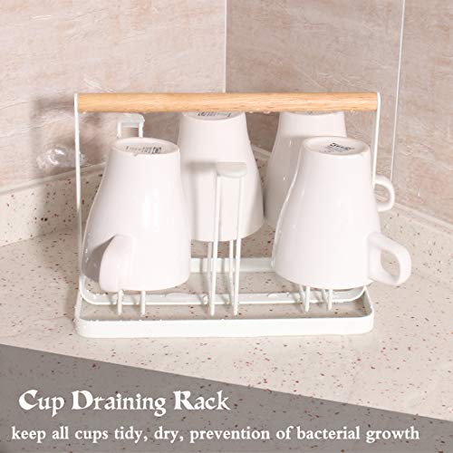 Cup Drying Rack Stand, 6 Cup Metal Drainer Holder Rack Non-Slip Mugs Cups Organizer with Wood Handle, White