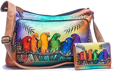 Genuine Leather Women's Handbag Hand Painted Hand made Shoulder Bag Hobo Satchel Parrot Cross Body Bag - Free Hand Painted Leather Wallet
