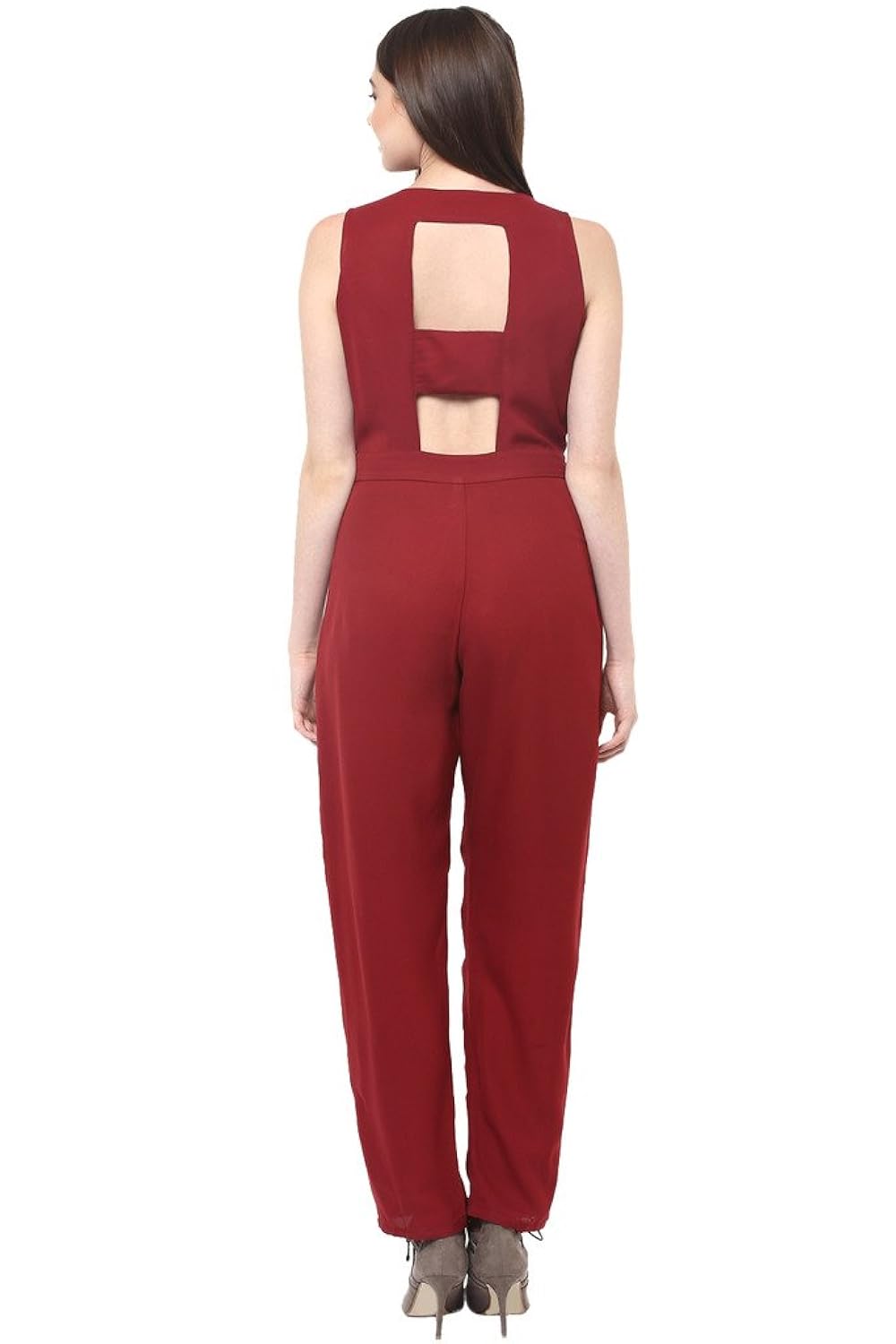 miss chase women's maroon sleeveless round neck solid straight jumpsuit