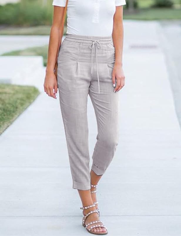 Yuson Donna Pantaloni Tinta Unita Casual con Coulisse Pants in Cotone e Lino con Tasche