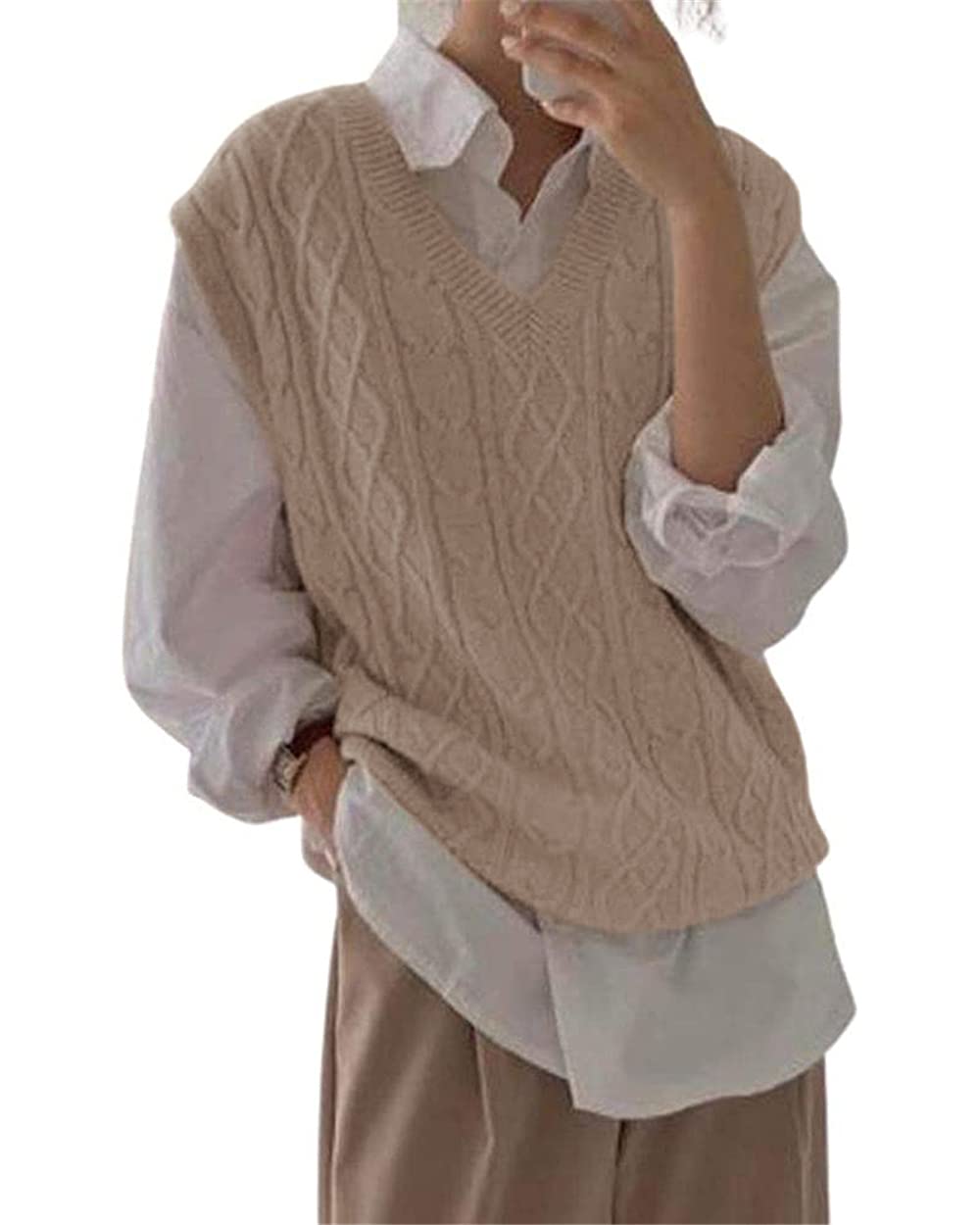 Women's V Neck Sweater Vest Oversized Sleeveless