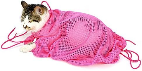 Pink Adjustable Cat Washing Grooming Multifunction Bag- Thickened Polyester Pet Bathing Mesh,Grooming Restraint for Cats Dogs