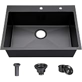 Comllen 33 Inch Black Kitchen Sink, Drop in Single Bowl | 33x22 inch, Top Mount, SUS304 Stainless Steel, Gunmetal Black, 18 Gauge Large, with Drain
