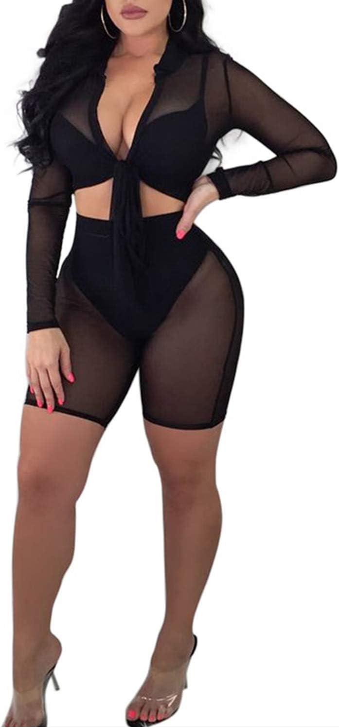 VWIWVWomen's 2 Piece Cover Up See Through Swimsuit Sheer Mesh Crop Top and Shorts Outfit Sets