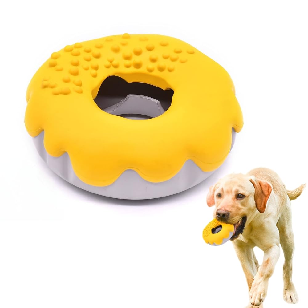 PetBuds Indestructible Dog Toys - Interactive, 2 in 1 Dog Treat & Chew Toys For Boredom (Bright Yellow, Doughnut Shape)