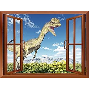 A Dinosaur Outside of an Open Window | Removable Wall Sticker/Wall Mural - 24"x32"