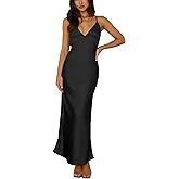 Summer Satin Spaghetti Strap V Neck Maxi Dresses for Women 2026 Backless Silk Wedding Guest Formal Tie Back Cocktail Dress