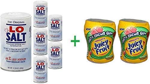 Lo Salt The Original Reduced Sodium Salt Alternative 12.35 oz (6 Pack) + 2 Fruity Chews Gum Watermelon 1/60 Count