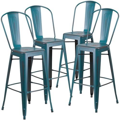 Flash Furniture Blake Lot de 4 tabourets de Bar d'intérieur et d'extérieur en métal Vieilli avec Dossier Bleu Sarcelle 76,2 cm