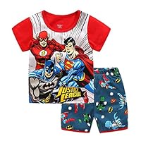 Sidney Red Justice League Pjs Boys Shorts 2 Piece Pajama Set 100% Cotton,Size 2-7Yrs (Red, 7y)