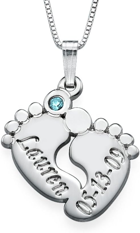 Mother Jewellery - Engraved Baby Feet Pendant Necklace with Personalised Birthstone - Custom Made with Any Name!