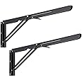 Sumnacon 2 Pcs 20 Inch Sturdy Folding Shelf Brackets - Heavy Duty Triangle Table Bench Folding Shelf Brackets, Wall Mounted Metal Folding Shelf Hinge, Black