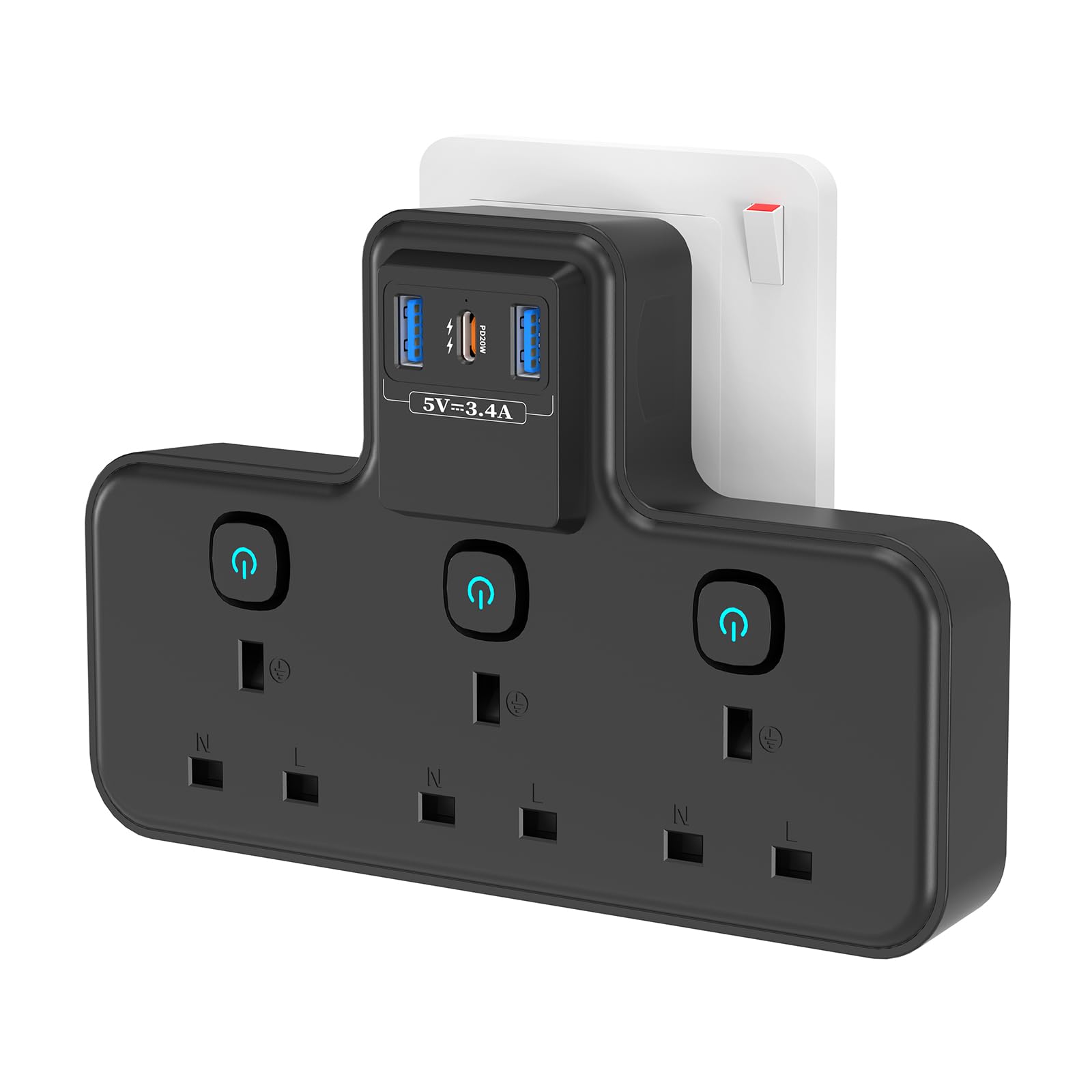 Multi Plug Extension Socket with PD20W USB C Slot, 3 Way Plug Adapter with Independent Switches 3 USB, PASSUS 13A 3250W UK Wall Adaptor Built-in Surge Protector for Home, Office, Kitchen