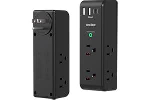 Lot de 2 protecteurs de surtension rallonges de prise avec fiche rotative, multiprise 6 prises CA avec 3 ports USB (1 USB C), 1800 J, multiprise pivotante à 3 côtés avec répartiteur espacé pour
