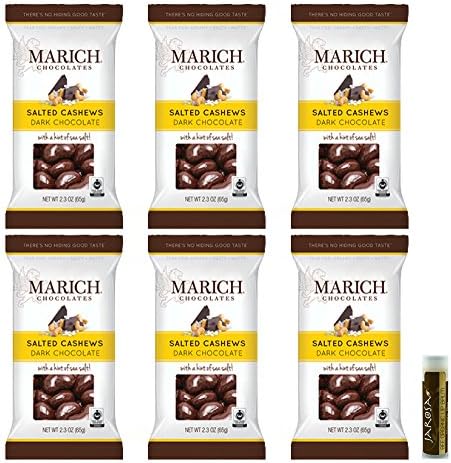 Marich Dark Chocolate Variety Set - Dark Chocolate Sea Salt Salted Cashews 2.3 oz/65g Pack of 6 with a Jarosa Bee Organic Chocolate Bliss Lip Balm