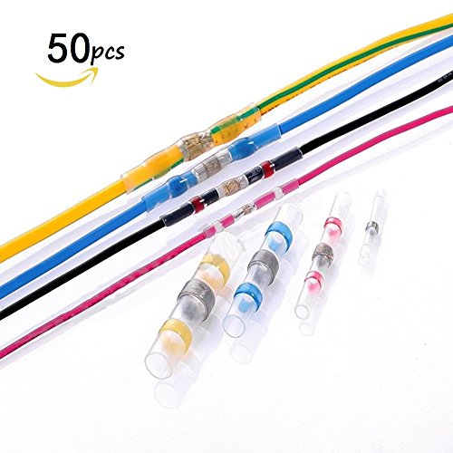 Hongtang 50pcs Solder Seal Wire Connectors Heat Shrink Butt Connectors Waterproof Insulated Electrical Marine Automotive Terminals Set