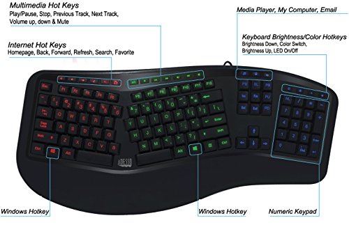 Adesso Tru-Form 150 3-Color Illuminated Ergonomic Keyboard (AKB-150EB)
