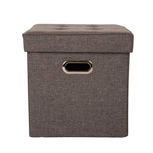 Glitzhome Foldable Linen Cube Storage Ottoman Foot Stools with Padded Seat for Living Room, Dark Gray