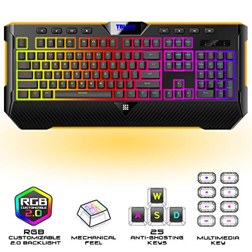 [Upgraded 2020] Gaming Membrane Keyboard with Mechanical Feel Clicks, LED RGB Backlight 104 Keys + 8 Multimedia & Ergonomic Stand - Anti-Ghosting, Palm Rest - for PC/MAC/Computer/Desktop Pro Gamers