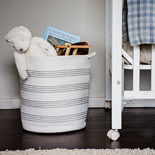 Cotton Rope Storage Basket - Tidy Loft Co - 16" x 13.5" coiled bin with handles - for kids toys, children room, laundry or baby nursery