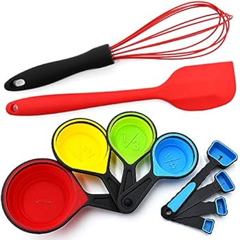 Silicone Whisk - Collapsible Measuring Cups and Spoons - Baking Spatula - 10 Piece Set - Cooking Kitchen Utensils