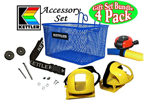 Kettler Tricycle Universal Accessory Set with Blue Metal Basket, Adjustable Seat Belt, Red Metal Bell & Toe Clips Gift Set Bundle - 4 Pack