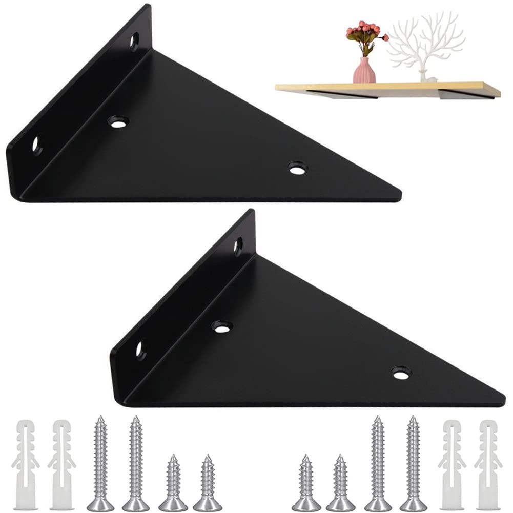 2 Pieces Triangular Wall Bracket, Shelf Brackets, Triangle Shape, Wall Shelf Brackets, Shelf Brackets, with Mounting Accessories, for Storage Shelf, Bookshelf, Kitchen Stand (Black)