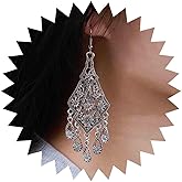 Aneneiceera Vintage Filigree Tassel Earrings Silver Fringe Chandelier Earrings Tribal Hollow Out Filigree Earrings Long Chain Earrings Gypsy Statement Earrings Jewelry for Women