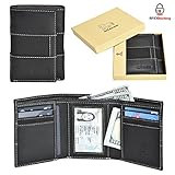Leather Trifold Wallets for Men with RFID - Handmade Slim Front Pocket Mens Wallet 6 Credit Card Holder with ID Window and Gift Box Secure by Estalon, Black Nylon, 3.5x4.4x0.75