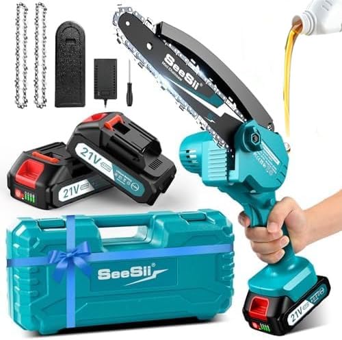Photo 1 of SEESII Mini Chainsaw 6 inch,Cordless Chainsaw w/ 2x2000mAh Batteries,Oiler System & Replacement Chain,Handheld Electric Chain Saw w/Safety Lock,Battery Powered Chainsaw for Wood Tree Cutting, CH600+