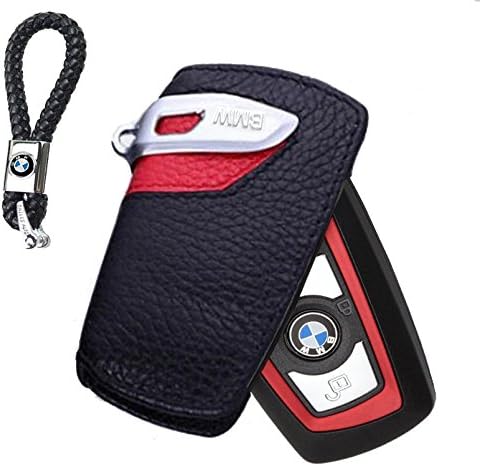tcshamo 1 2 3 4 5 6 7 Series X3 Genuine Leather Key Case Leather key bag + weave straps rope Key Holder For BMW Remote Fob (Black red)
