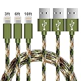 COCOFU Lightning Cable (3Pack )3/6/10FT Extra Long Nylon 8 pin USB Lightning iPhone Charger Cord Compatible with Apple iPhone 7/7 Plus/6/6 Plus/6s/6s Plus/5/5s/5c/SE/iPad(Camo Green)