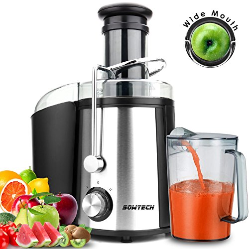 Click Here to See More Images Juice Extractor, SOWTECH 800W Stainless Steel Juice Machine Squeezer with 3 inch Wide Mouth Easy Cleaning BPA Free Two Speed Mode Centrifugal Juicer for Fruits and Vegetable
