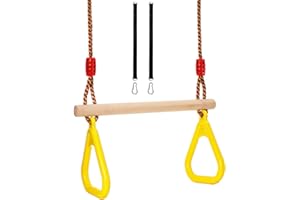 Covzoe Trapeze Bar, 16" Adjustable Height Wooden Swing Set, Trapeze Climbing Bar Assembly with Rings, Gym Hanging Accessories Playground Attachments
