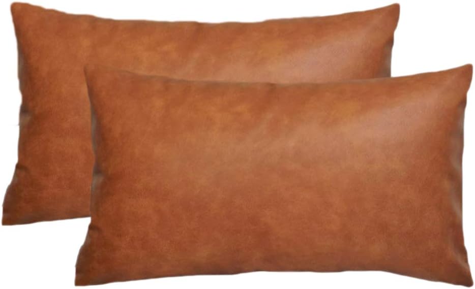 Vybrant Society Set of 2 Faux Leather Lumbar Pillow Case | Modern and Minimalistic Brown Decorative Faux Leather Throw Pillow Cover | Home Decor for Couch Bed Office Living and Dining Room (12x20)