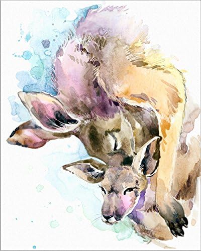 7Dots Art. Mom and baby. Watercolor Art Print, poster 8"x10" on Fine Art thick Watercolor paper for childrens kids room, bedroom, bathroom. Wall art decor with Animals for boys, girls. (Kangaroo)