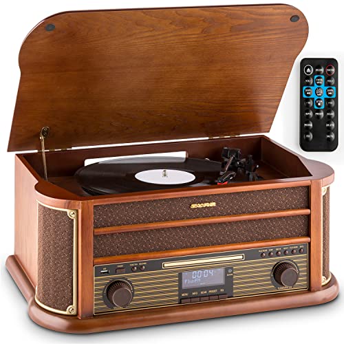 Auna Belle Epoque 1908 - Tourne-Disque Rétro, Radio Numérique, Chaîne Stéréo, Dab+, Platine Vinyle, Bluetooth, Lecture Mp3, Lecteur Cd, Fonction Rds - Marron