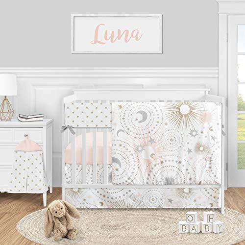 Candy Jojo Designs Celestial Star and Moon Child Woman Nursery Crib Bedding Set – 5 Items – Blush Pink Gold Gray and White