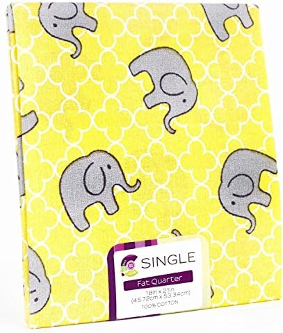 2 FAT QUARTERS Elephants with uplifting trunks on quatrefoil background Grey, Yellow &amp; White FABRIC 100% COTTON ~ SEWING, QUILTING, ART