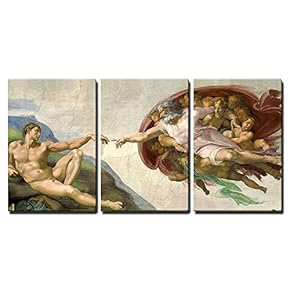 3 Piece Canvas Wall Art - Creation of Adam by Michelangelo - Modern Home Art Stretched and Framed Ready to Hang - 16"x24"x3 Panels