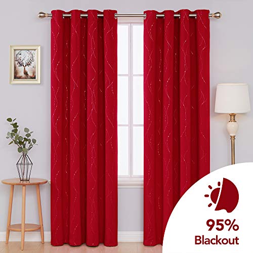 image for Deconovo Red Blackout Curtains and Drapes Wave Line with Dots Printed 