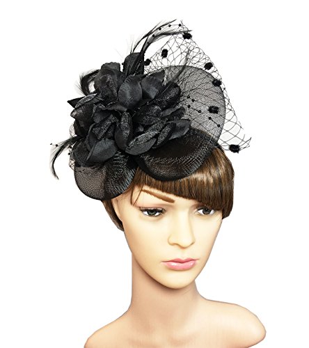YSJOY Womens Feather Flower Sinamay Fascinator Wedding Hair Aceessory Church British Bowler Hat Summer Derby Hat Cocktail Tea Party Hat Black