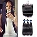 Ucrown Brazilian Lace Frontal Closure with 3 Bundles Straight Virgin Hair Weave 13x4 Ear to Ear Frontal Lace Closure with Baby Hair 9a Human Hair Extension (14 16 18 +12, free part)