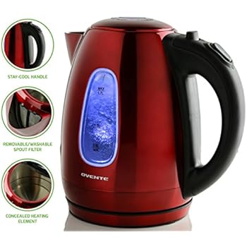 Ovente 1.7 Liter BPA-Free Stainless Steel Cordless Electric Kettle, 1100-Watts, Auto Shut-Off and Boil-Dry Protection, Matte Black Cool-Touch Handle, Red (KS96R)