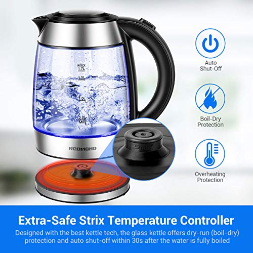 REDMOND Electric Kettle, 1.7L Cordless Glass Tea Kettle BPAFree