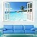 AWAKINK Large Removable Beach Sea 3D Window Decal Home Decor Exotic Beach View Art Wallpaper Mural View Scenery Home Decoration Art DIY Decor Wall Stickers for Bedroom Living Room