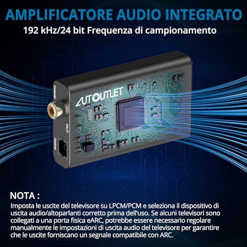 AUTOUTLET Audio Extractor HDMI ARC, Audio Converter ARC to Optical/Coaxial Digital Extraction 192 kHz with HDMI/Optical Cables for Soundbar Amplifiers