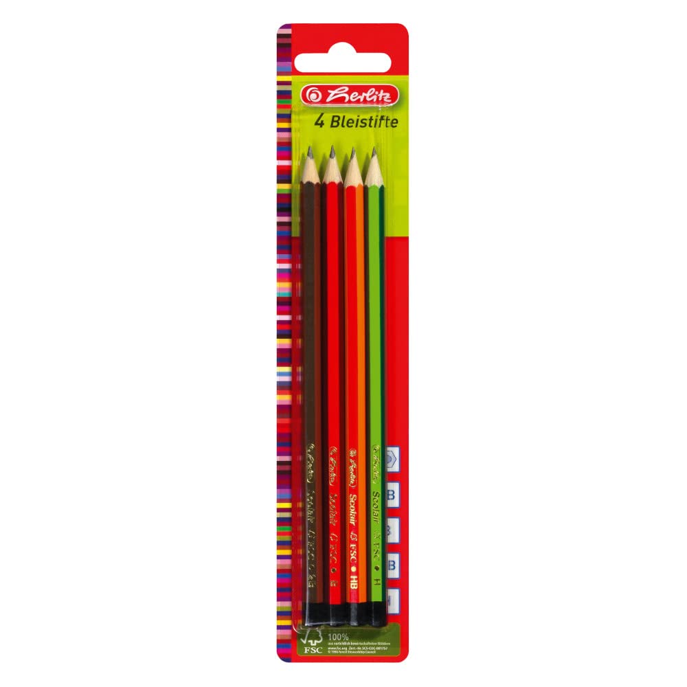 Herlitz Scolair Pencils Made of FSC Wood, Pack of 4: Hardness H/HB/B / 2B