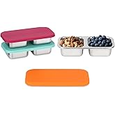 SUMERX 3 Pack Stainless Steel Snack Containers with Lids, 2 Compartment Snack Pack Containers, Reusable Food Storage Containers for Travel, Outdoor, Camping(Orange/Red/Blue)